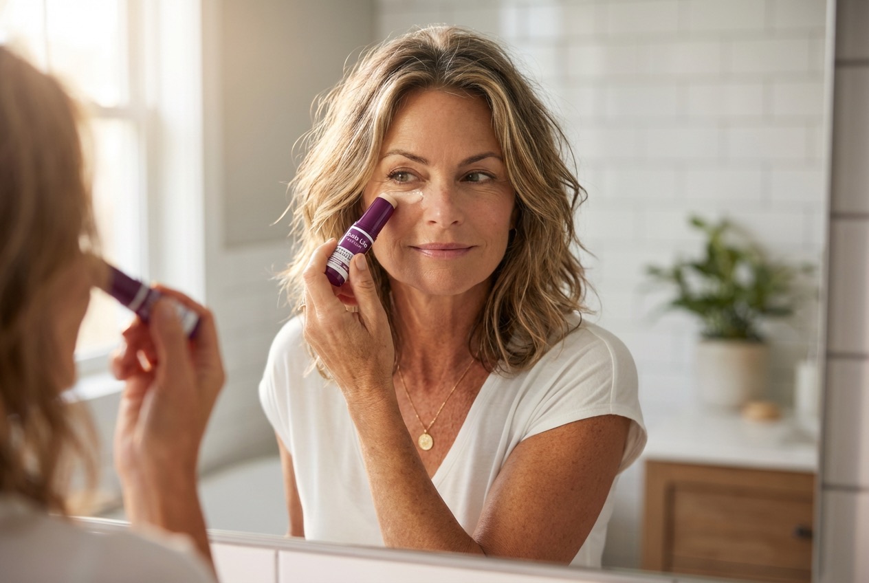 Woman applying calcium balm stick under her eye in bathroom mirror