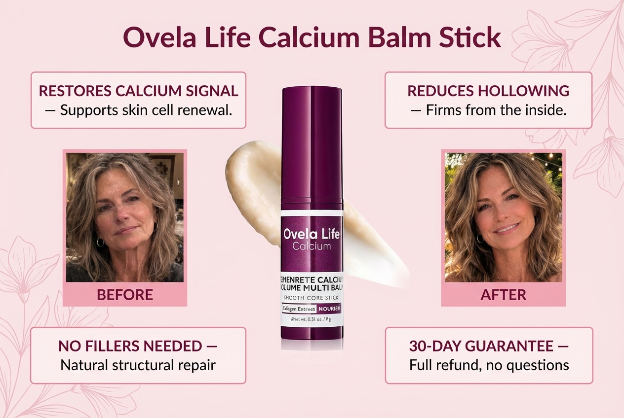 Ovela Life Calcium Balm Stick product graphic with benefits