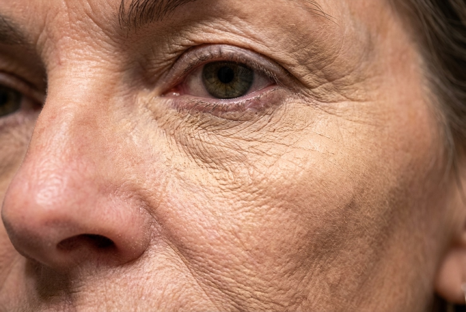 Extreme close-up of under-eye area showing concealer settling into fine lines and hollowing